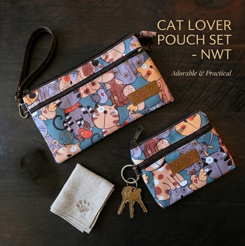 Kawaii Cute Cat Print Travel Pouch 2pc Set Phone Wristlet Bag & Mini Purse NWT